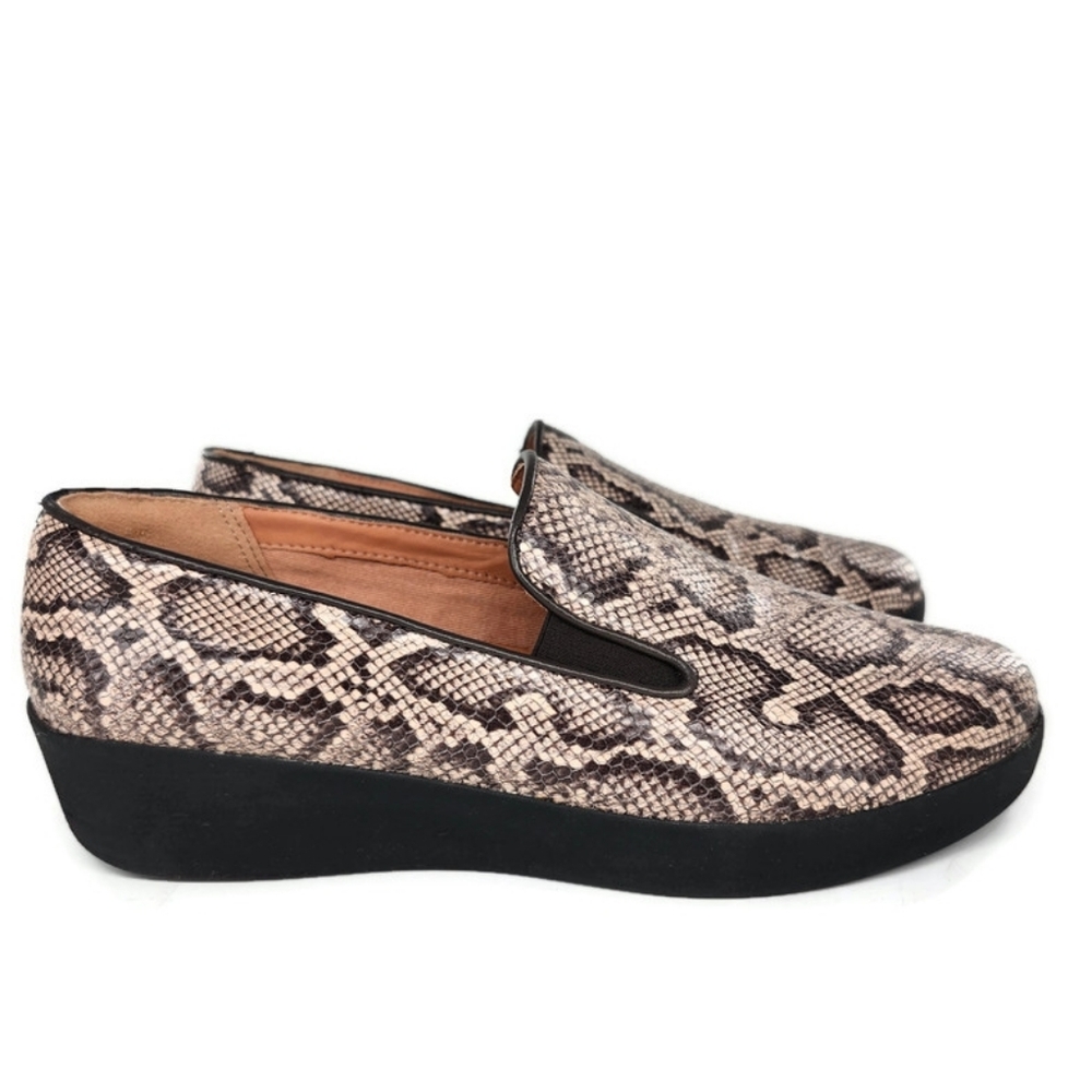 Fitflop Superskate Taupe Beige & Grey Snake Print Leather Slip-On Loafers - Picture 5 of 13